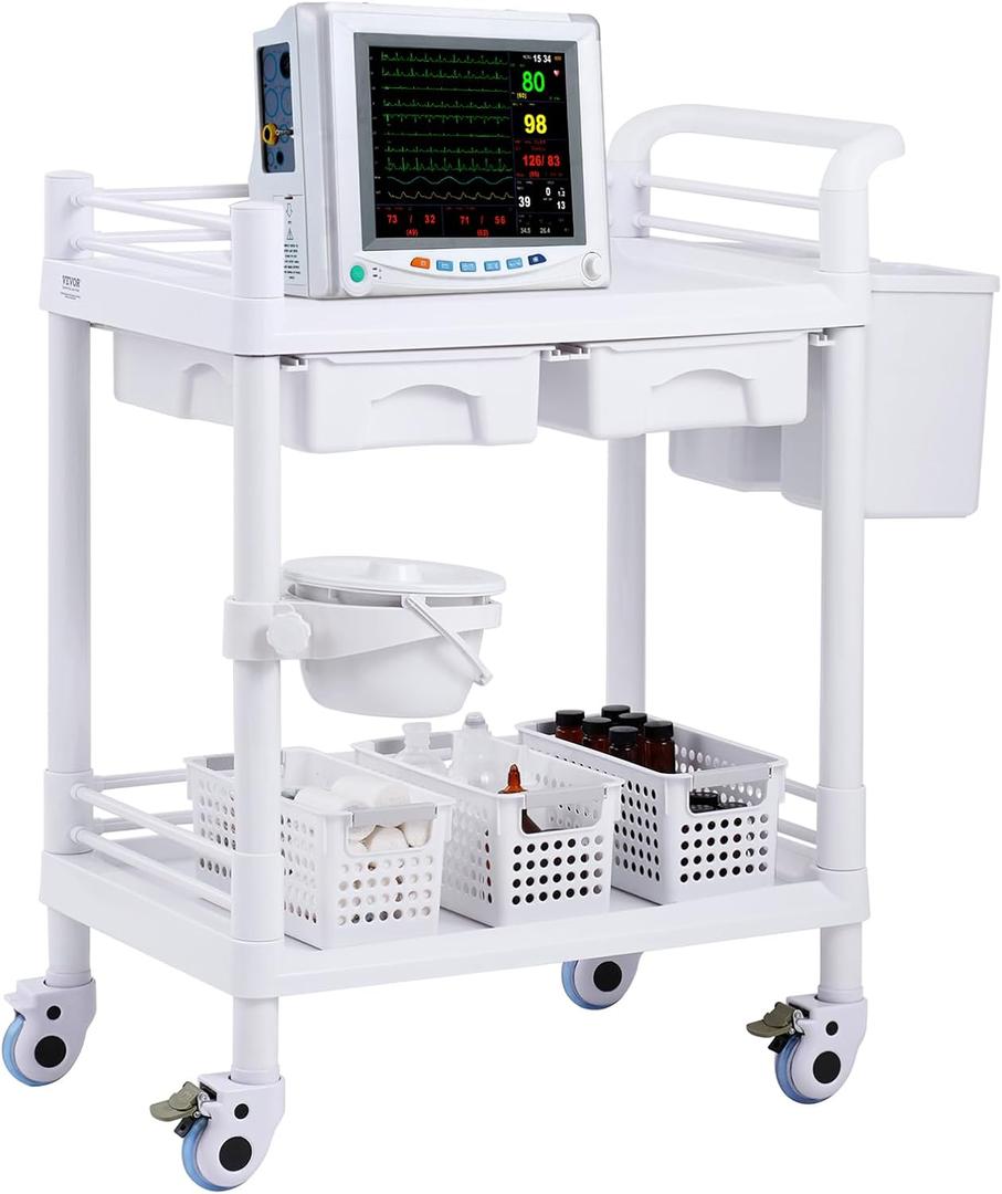 VEVOR Medical Mobile Trolley Cart with 2 Drawers & 3 Trash Cans, 2 Tiers Beauty Salon Rolling Trolley with 4 Silent Wheels & 2 Dirts Bucket & Bowl, Medical Utility Cart for Hospital Dental Clinic Lab