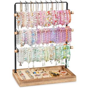 Emfogo Jewelry Organizer Stand, 5 Layer Wood & Metal Bracelet Holder with Necklace Holder Pole, Large Capacity Jewelry Display Holder for Bracelets Necklaces Rings Watches Scrunchies (Rustic Brown)