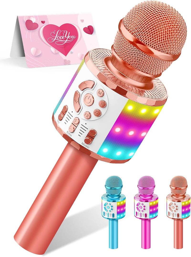 Kids Karaoke Bluetooth Microphone Toys for Girls Microphone Karaoke Machine with LED Light, Birthday Gift for Girls Boys 3 4 5 6 7 8 9 10 11 12 Year Old Kids Toys