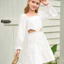 Haloumoning Girls Dresses Long Sleeve Square Neck Crossover Waist Casual A-Line Spring Fall Dress 5-14Y