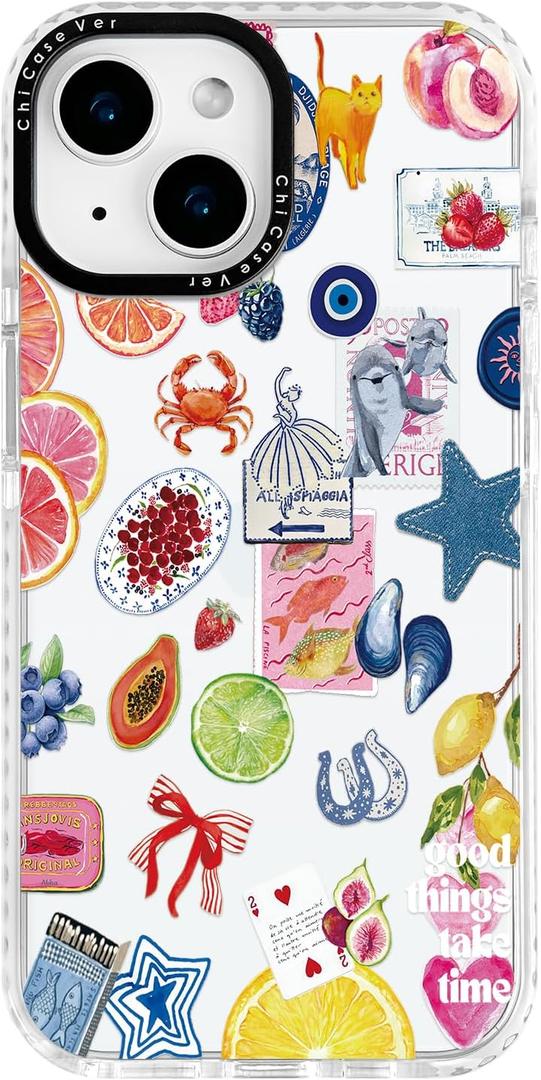 for iPhone 14 Plus Case, Coastal Fruit Collage Pattern with Lucky Charms, Military-Grade Drop Protection, Boho Y2K Soft Slim TPU Protective & Camera Protection for Women Girls (BuleArtCut)