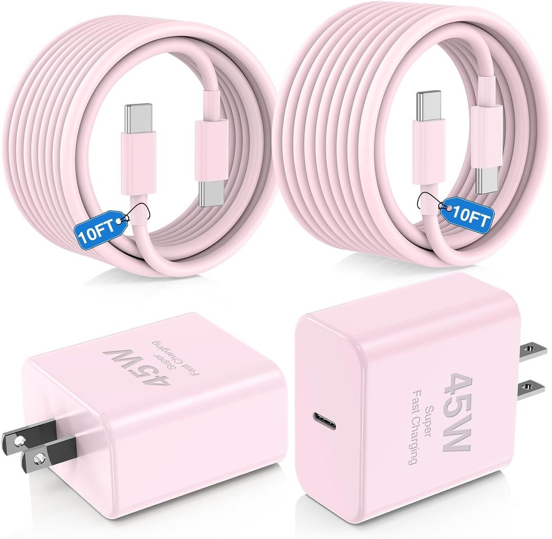 45W USB C Fast Charger for iPhone 17/ Air/16/15 Pro Max,2Pack 10FT Type C Charger Block & Cable, PD 3.0 Super Fast Charging for iPad Pro MacBook Air/Pro M1/M2, AirPods-Pink