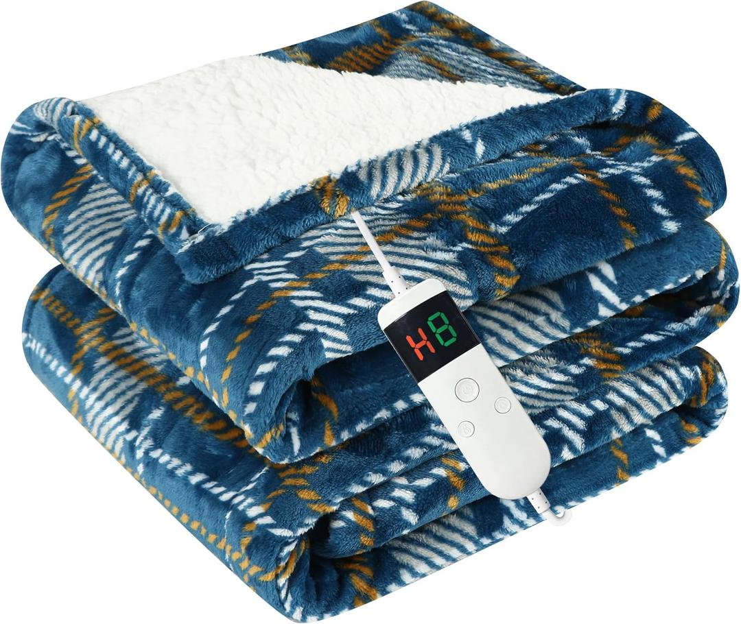 Electric Blanket Heated Throw, Soft Flannel 50"x60" Plaid Heating Blanket with 8 Hours Auto Off 10 Fast Heating Levels Machine Washable Sherpa Heated Blanket with Overheating Protection (Dark Blue)