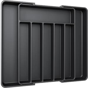 Aujen Silverware Organizer - Expandable Kitchen Drawer Organizer, Adjustable Utensil Organizer, Cutlery Tray for Forks, Knives, Multipurpose Kitchen Organizers and Storage Solution, Black, Large