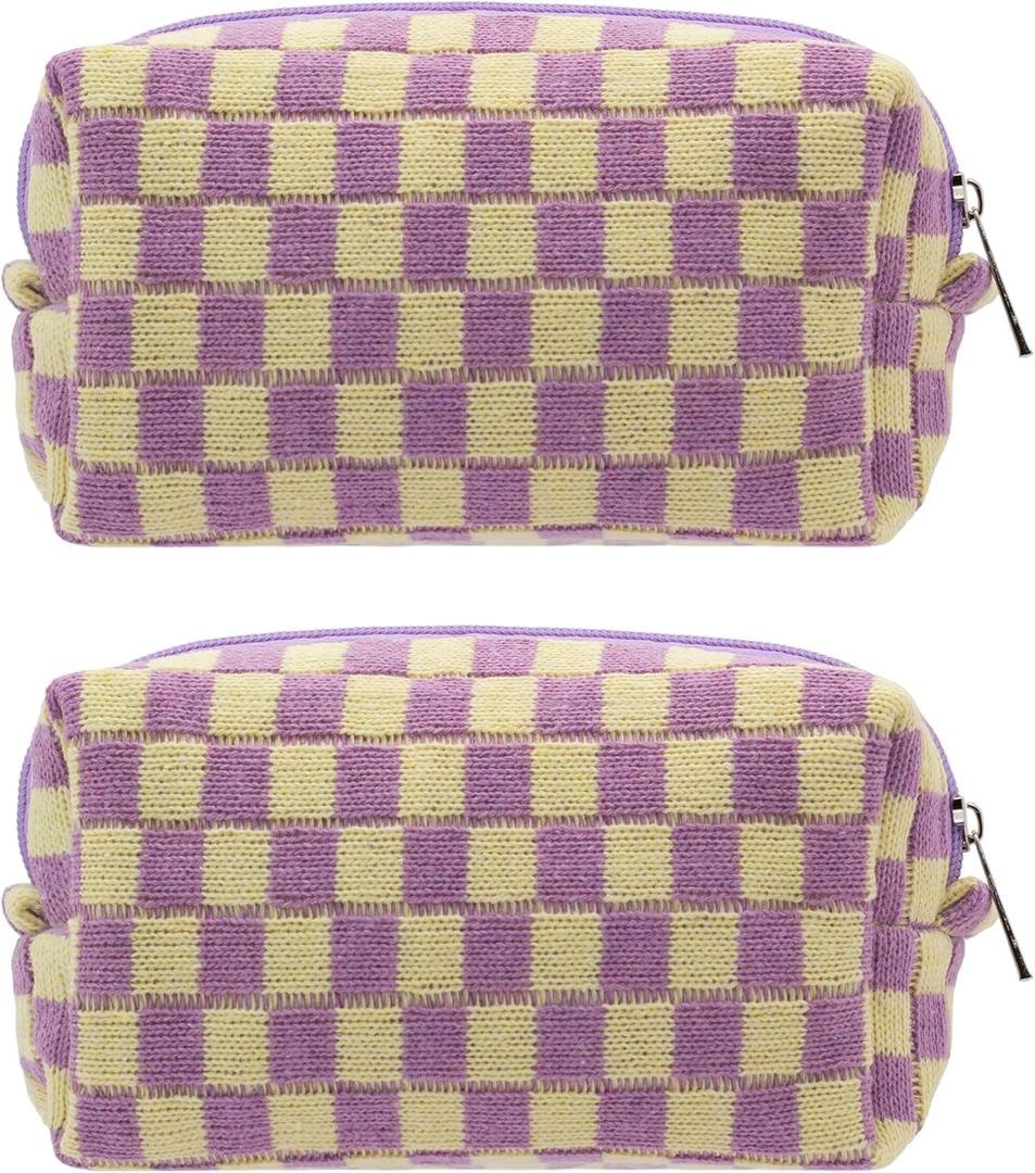 PAZIMIIK Checkered Makeup Bag for Purse Portable Zipper Make Up Pouch Small Cosmetic Case for Travel Accessories (2PCS Purple)