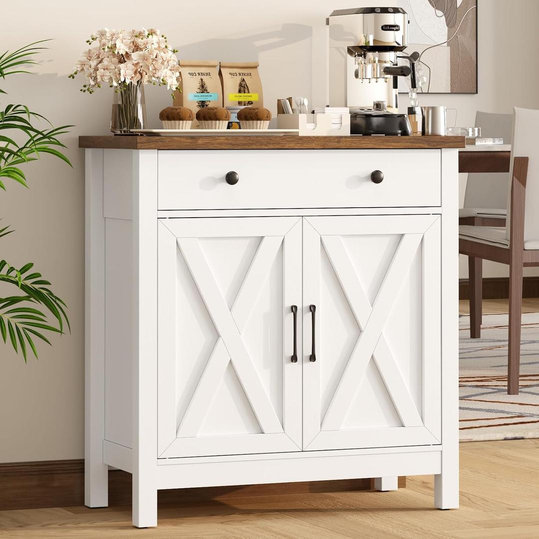 AURINEST Buffet Cabinet, Small Coffee Bar Cabinet with Drawer, White | Farmhouse Coffee Bar Cabinet with Adjustable Shelves & Doors for Kitchen, Dining Room & Living Room