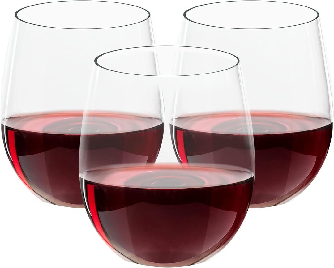 FOCUSLINE 32 Pack Plastic Wine Glasses Stemless, 12 Oz Crystal Clear Disposable Wine Cups, Reusable Plastic Wine Glasses for Parties Weddings, Shatterproof Recyclable and BPA-Free, 32 Count