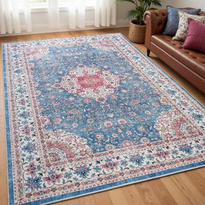 Goideal Washable Rug 4x6, Vintage Area Rugs Non Slip, Indoor Low Pile Carpet with Rubber Backing for Living Room Kitchen Bathroom Entryway Office Bedroom, Blue & Hot Pink