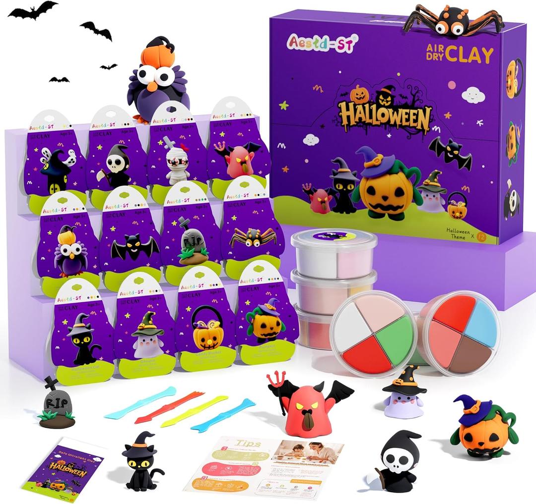 Air Dry Clay Kit - Halloween Theme, Modeling Clay for Kids, DIY Model Magic Clay with Sculpting Tools and Tutorials,12 Boxes Molding Clay, Ultra Light, Soft & Non-Sticky, Arts and Crafts Gift for Kids