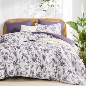 Luxudecor Floral Comforter Set King Size 7 Pieces, Purple Flower with Bird Bed in a Bag, Soft Reversible Comforter with Sheet Bed Set 104"x90"