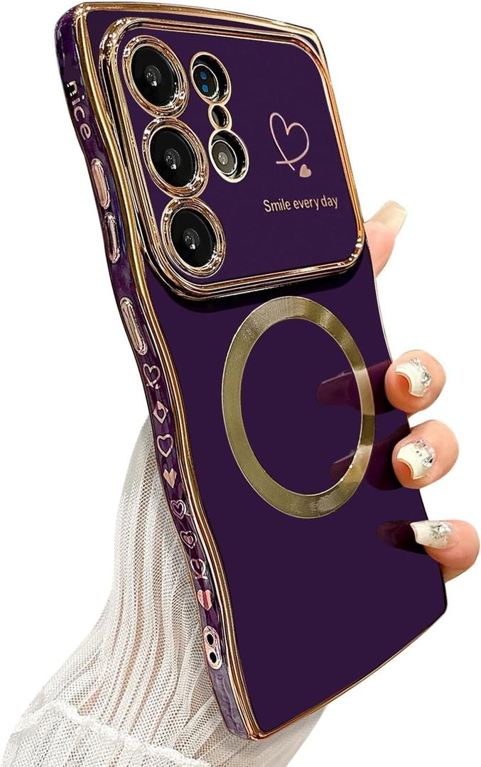 for Samsung Galaxy S24 Ultra Case Magnetic,for Women Girls Soft Cute Wave Frame Curly Shape Love Heart Luxury Plating Phone Case Compatible with MagSafe Shockproof Back Cover 6.8"-Dark Purple