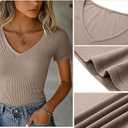 Ficerd 2 Pack Women's Short Sleeve Cotton T-Shirts V Neck Ribbed Slim Fit Tops Ladies' Casual Summer Basic Tee Brown/White XL