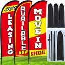 Buryeah Red 3 Set Feather Flag Kit Now Leasing Move in Special Flag with Pole Ground Stake and Bag Leasing Sign for Advertising Renting Welcome Banner for Outside Ground (7 ft)