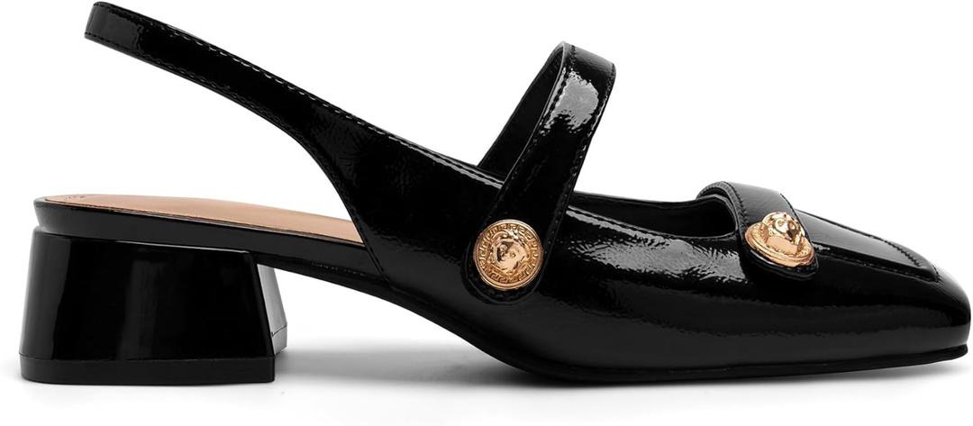 Slingback Mary Jane Heels for Women Low Block Heel Closed Square Toe Pump Shoes Heels Classic Daily Office Dressy Shoes (10, Black)