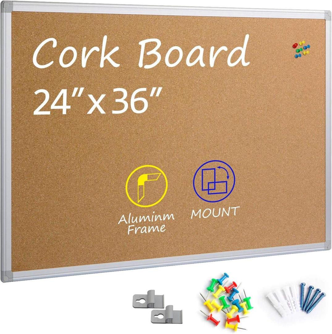 Board2by Cork Board Bulletin Board 24" x 36", Silver Aluminium Framed 2x3 Corkboard, Office Board for Wall Cork, Large Wall Mounted Notice Pin Board