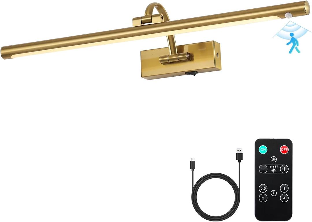 DESOOP Wireless Brass Picture Lights for Wall Motion Activated, Motion Sensor Art Lights Auto-Off Gallery Lights for Portraits Display 24 Inch 5W Warm White