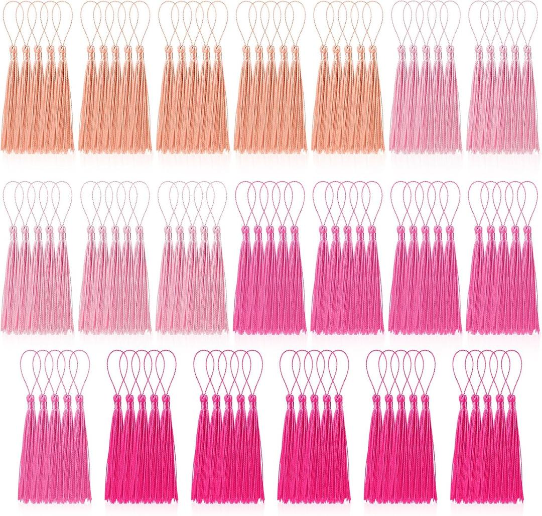 100 Pcs Bookmark Tassels Bulk Pink Series Soft Craft Silky Handmade Mini Tassels for Jewelry Making with Loops for DIY Craft Accessory Dress Decoration