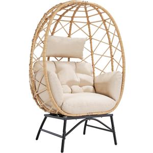 Outdoor Wicker Egg Chair with Cushion, Patio Lounge Chair, Beige, 35"
