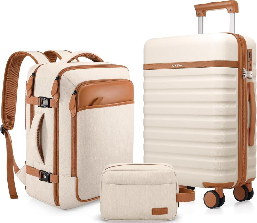 UKEIN Luggage Sets 3 Piece, Carry On Luggage 20In With Spinner Wheels,PC Hardside Suitcase Set with TSA Lock,Durable Carry On Suitcase With Travel Backpack for Men (Beige, 3 piece set (20inch))