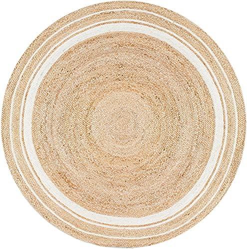 Vipanth Exports - Natural Jute Rug Hand Braided Round Area Rug Handmade Rug for Home Decor (4 Feet Round (48 x 48 Inches), Beige + White Line)