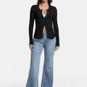 Abonlen Womens Cardigan Lightweight Waffle Knit Long Sleeve Button Down Shirts Fitted Going Out Tops (Black, L)