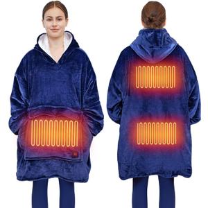 Covfirst Heated Wearable Blanket Hoodie, 3 Heat Settings Oversized USB Heated Hooded Blanket for Adult without Power Bank, Cozy Warm Christmas Heated Hoodie Blanket Sweatshirt with Giant Pocket (Blue)
