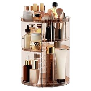 Rotating Makeup Organizer Countertop, DIY Adjustable Trays Spinning Skincare Organizers, Cosmetic Display Shelf with Perfume & Brush Holder, Multi-Function Desk Storage Carousel for Vanity Bathroom