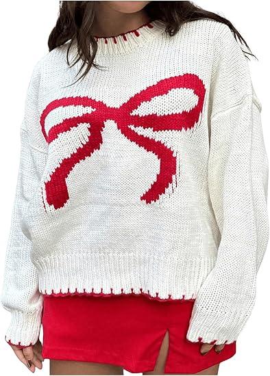 MakeMeChic Women's Bow Crewneck Sweater Long Sleeve Knitted Winter Cute Pullovers, Size Medium