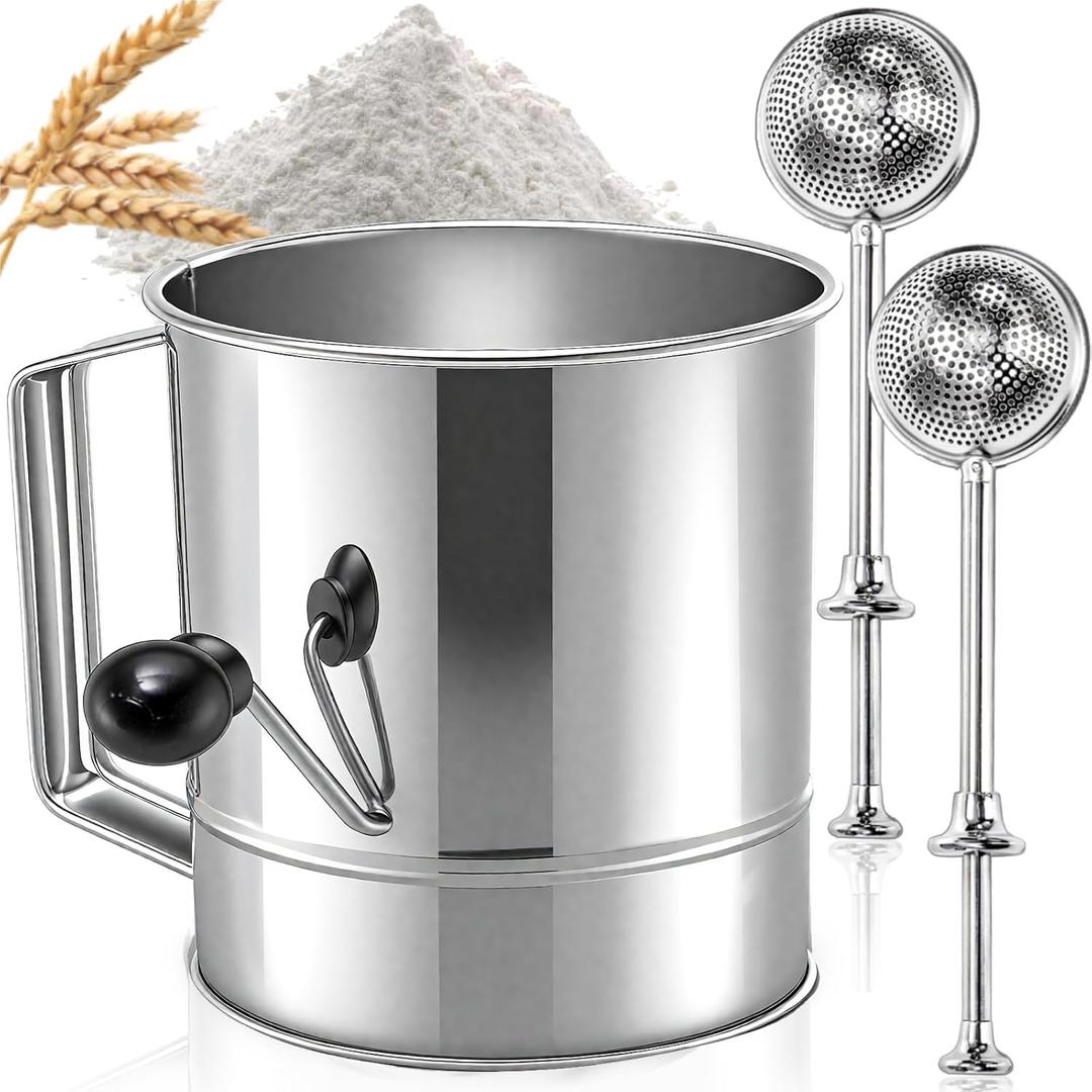 3 Pack Flour Sifter Set, 5 Cup Hand Crank Sifter with 2 Pieces Baker's Dusting Wands, Stainless Steel Fine Mesh Baking Sifter with Agitator Rotary, Powdered Sugar Duster for Baking Dessert