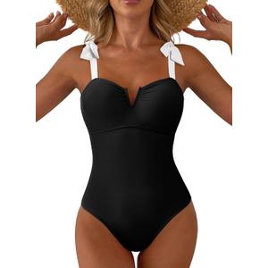Aleumdr Women's One Piece Swimsuits Tummy Control Bathing Suits V Neck Boho Tie Shoulder Ruched Full Coverage Swimwear (Large, Black)