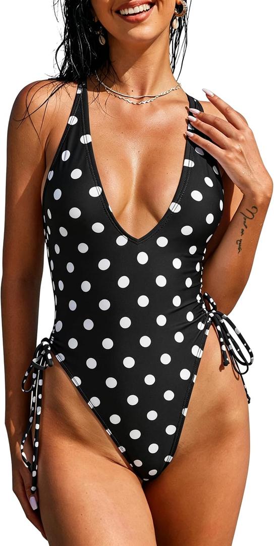 ZAFUL Women Plunging One Piece Swimsuit Backless Cross Tie High Cut Thong One-Piece Bathing Suit, Large