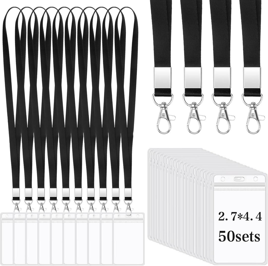 50 Set ID Badge Holder with Lanyard, Black Lanyard with Vertical Waterproof ID Card Holder for Workers Students Teachers Nurse