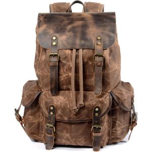 WUDON Leather Backpack for Men, Waxed Canvas Shoulder Rucksack Carry-On Travel Backpack