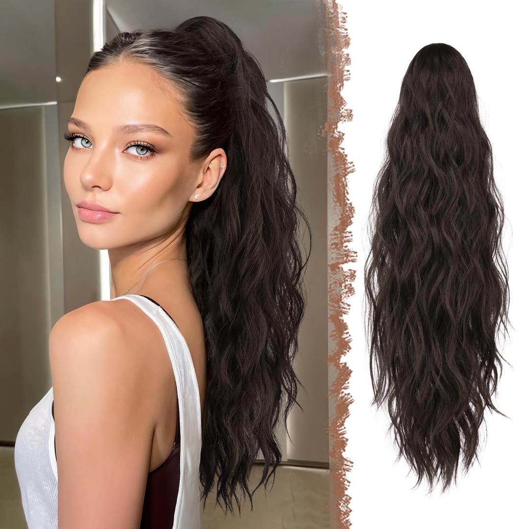 FESHFEN Ponytail Extensions, Long Claw Clip in Ponytail Hairpiece Synthetic Pony Tails Hair Piece Natural Wavy Hairpieces for Women, Dark Brown 25 inch