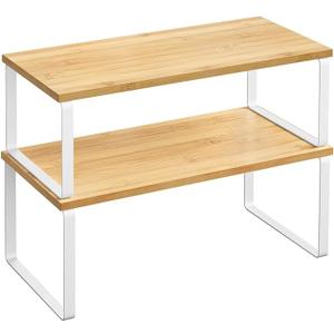 Cabinet Organizer Shelf, Kitchen Counter Storage, 2-Piece Set, Stackable Spice Rack, Metal and Wood (White and Natural Beige)