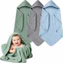 Momsnug 3-Pack Muslin Hooded Baby Towels, 100% Cotton, Ultra-Soft & Absorbent Baby Bath Towels with Hood for Babies, Infant, Toddler and Newbron(35 X 35 Inch) (Green + Grey + Blue)