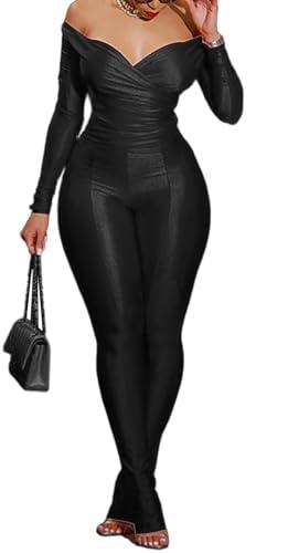 2 Piece Outfits for Women Sexy Off Shoulder V Neck Tops Skinny Split Flared Pant Sets Party Club Bodysuit Black M
