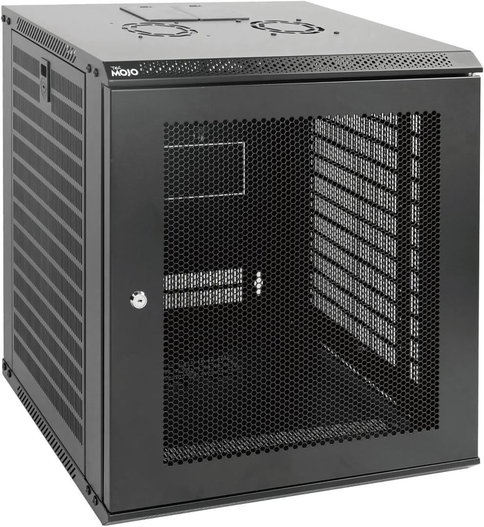 Tecmojo 12U Wall Mount Rack Network Cabinet for 19 IT Equipment, with Lockable Mesh Door and Removable Side Panels, Cooling Fan,Black,17.7inch Deep
