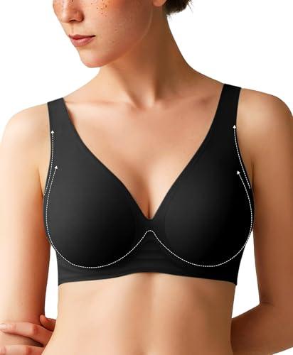 Jelly Bra Comfortable Bras for Women Wireless Push Up Bra Seamless Comfy No Underwire Supportive Bralettes Deep V Tshirt Bras Black M