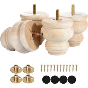 Michanco 3 Inch Unfinished Bun Feet Set of 4 Wood Furniture Legs Replacement Wooden Legs for Sofa Couch Cabinet Ottoman