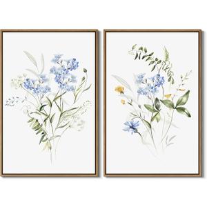 Watercolor Floral Wall Art Blue Yellow Flower Canvas Art Pints Nature Botanical Plants Painting Minimalist Wall Decor Stretched and Framed for Bedroom Bathroom Home Office Decoration - 16"x24"x2Pcs