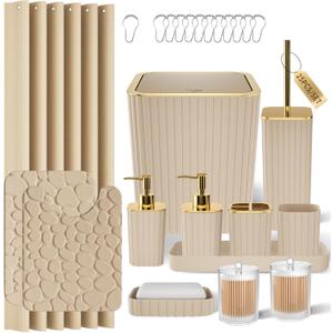 Bathroom Accessories Set - 25PC Bathroom Sets with Shower Curtain and Rugs, Beige Bathroom Accessories with Trash Can, Soap Dispenser, Soap Dish & Toilet Brush