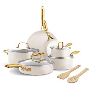 GreenPan 12 Piece Nonstick Swift Cookware Set, Ceramic PFAS-Free Pots & Pans with Lids, Dishwasher & Oven/Broiler Safe to 600F, Kitchen Cooking Set, Sauce, Saute, Stock, Frying Pans, Cream, 12pc Pots & Pans Set