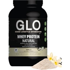 GLO Health Foods Cold-Processed Whey Protein - Vanilla Flavor - 24g Protein per Serving - Whey with Digestive Enzymes & BCAAs - Supports Muscle Growth, Strength & Recovery - 2 LB (28 Servings) 04/2028