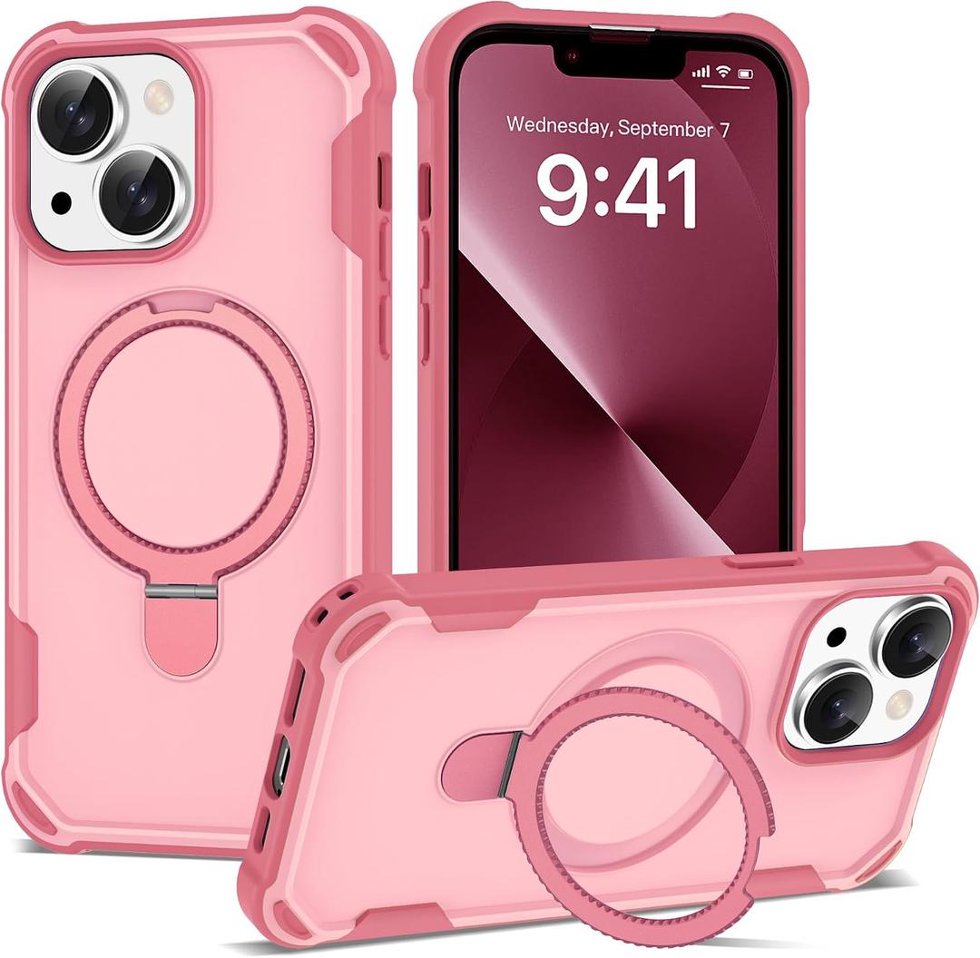 Compatible with iPhone 13 & 14 Case 6.1'' with Magnetic Ring Stand [Military Drop Protection][Compatible with MagSafe] Shockproof 13 & 14 Phone Case for Men Wowen,Pink