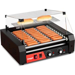1650W Commercial Hot Dog Rollers,11 Rollers 30 Hotdog Roller Grill,Stainless Steel Hot Dog Machine With Dust Cover,Hot Dog Roller Machine With Dual Temp Control Bun Warmer Shelf Removable Drip Tray