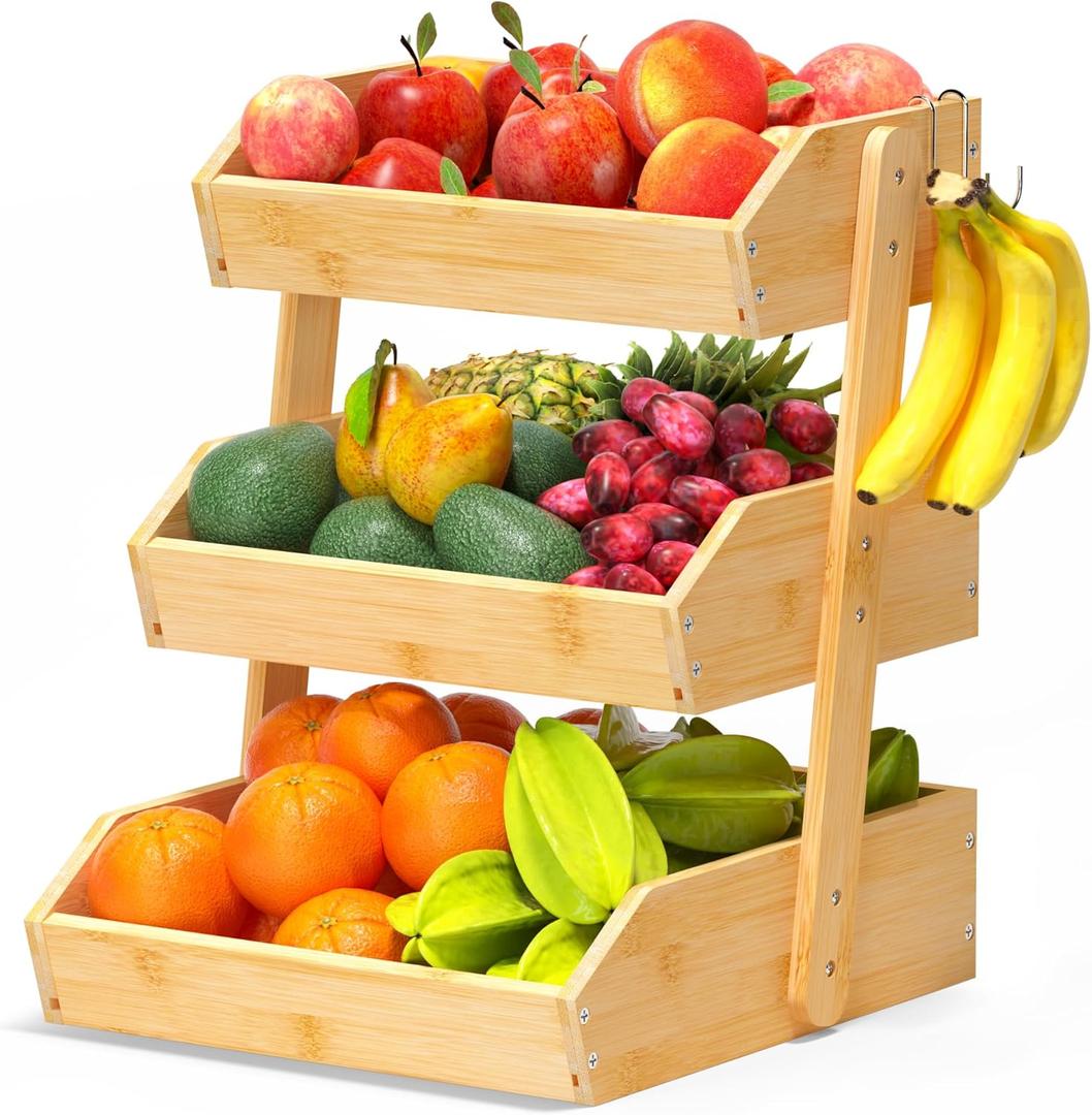 Gmtsl Bamboo Fruit Basket for Kitchen – 3 Tier Fruit Bowl For Kitchen Counter, Large Fruit Holder With 2 Banana Hangers, Idea For Fruit and Vegetable Storage, Bread Basket, Snack Organizer(Bamboo)