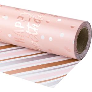 LeZakaa Reversible Pink Birthday Wrapping Paper Roll for Girls Women, Happy Birthday Lettering & Stripe Pattern with Metallic Foil in Pink, Mini Roll, 17 inches x 32.8 Feet (46.45 sq.ft.)