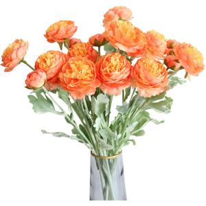 Htmeing 6PCS Artificial Ranunculus Flowers with Real Touch Stem for Household Arrangement (Light Orange)