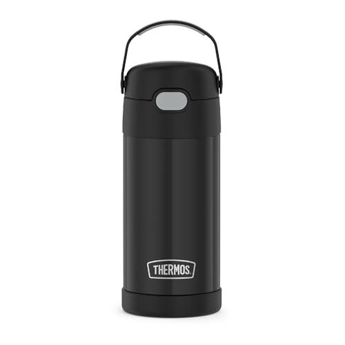 THERMOS FUNTAINER Water Bottle with Straw - 12 Ounce - Kids Stainless Steel Vacuum Insulated Water Bottle with Lid, Black